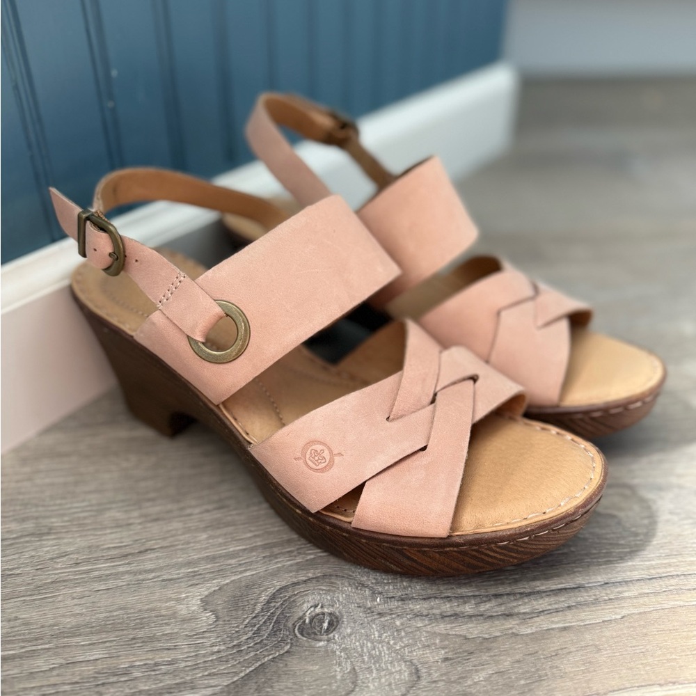 BORN Pink Leather Wedge Sandals